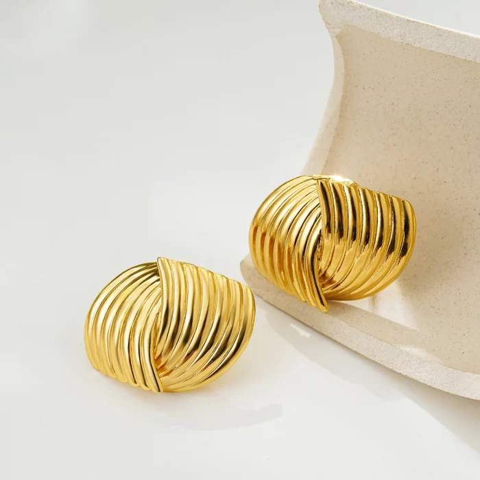 Retro Textured Intersecting Earrings for Women Multilayer Gold Color Stainless Steel Statement Stud Earring Waterproof Jewelry - Image 4