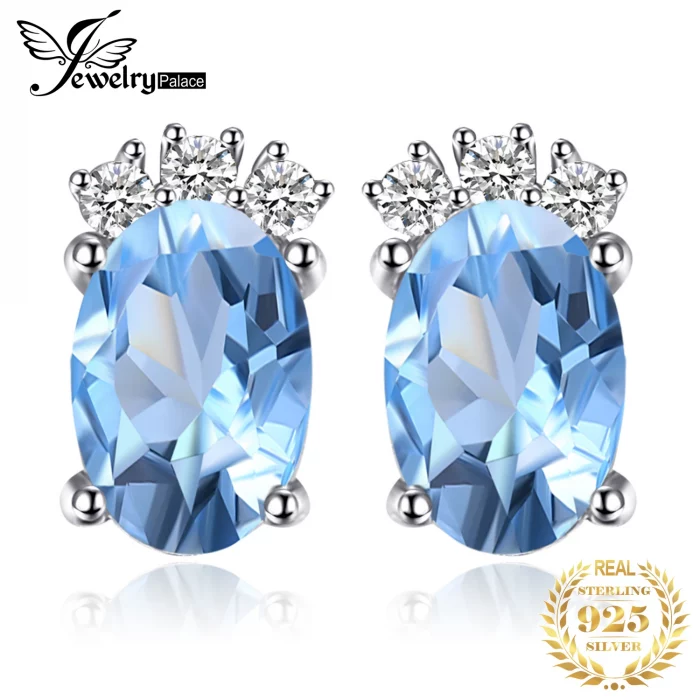 JewelryPalace Crown 1ct Oval Natural Sky Blue Topaz 925 Sterling Silver Stud Earrings for Woman Gemstone Jewelry Birthday Gift - Image 2