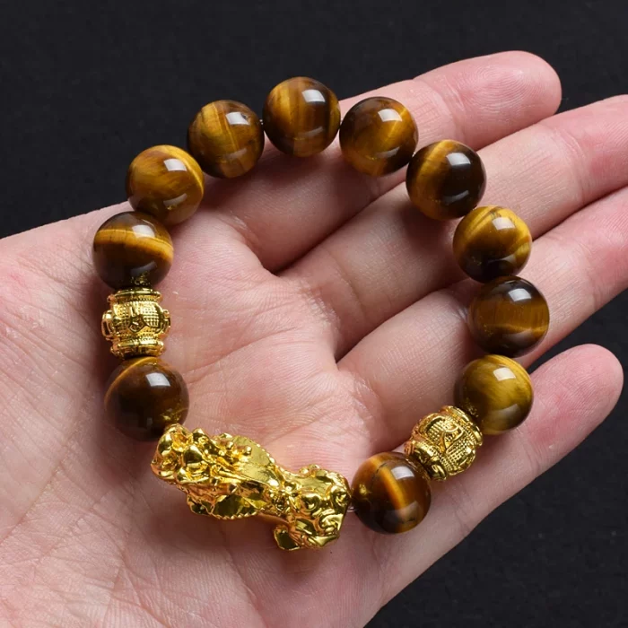 Pi Xiu Tiger Eye Stone Beads Bracelet Feng Shui Yellow Power Stone Women Men Elastic Jewelry Gold Color Pixiu Good Luck Bracelet - Image 3