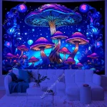 Mushroom Forest UV Reactive Tapestry Wall Hanging for Psychedelic Art Mystic Kawaii Room Decor Mandala Yoga Mat Picnic Carpet