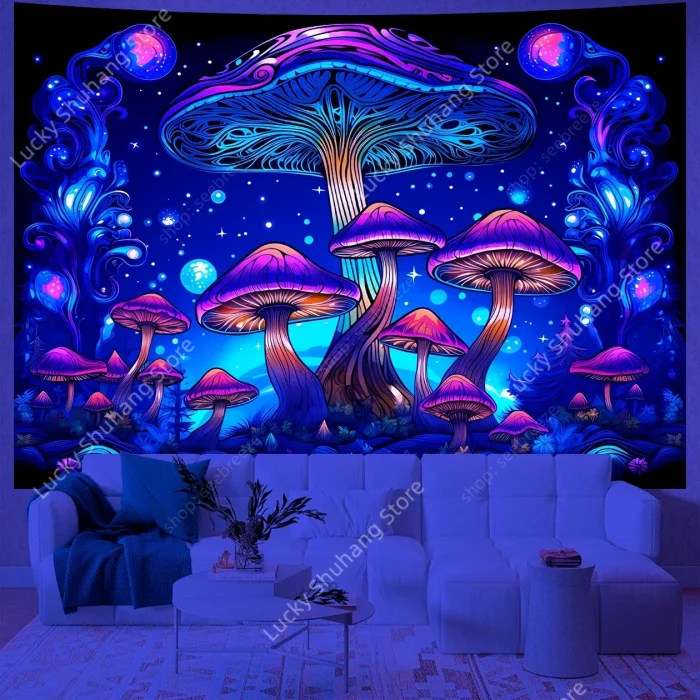 Mushroom Forest UV Reactive Tapestry Wall Hanging for Psychedelic Art Mystic Kawaii Room Decor Mandala Yoga Mat Picnic Carpet - Image 2