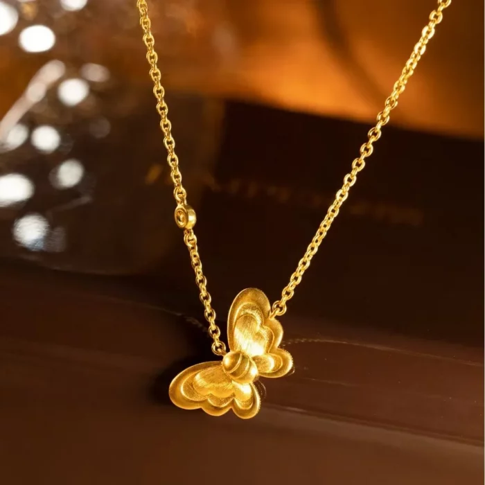 9999 24K real gold ancient style necklace fashionable ruby inlaid with small butterfly pendant as a festival gift for your girl - Image 2