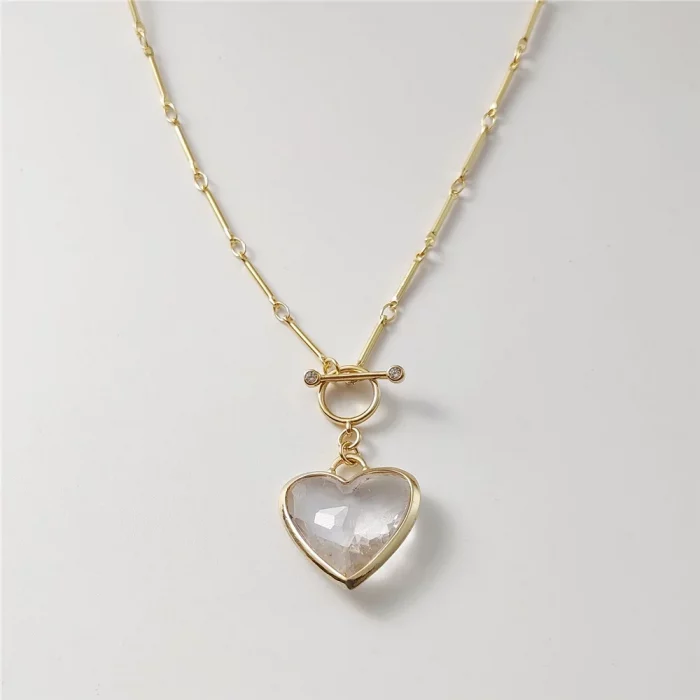 FUWO 1Pc Handcrafted Natural Clear Quartz Necklace,Golden OT Buckle Chain Heart-Shaped Semi-Precious Stone Women's Gift NC475-1 - Image 2
