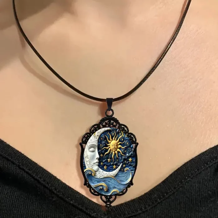 Retro Gothic Moon And Sun Pendant Necklace Women Men Punk Cross Metal Leather Rope Chain Vintage Jewelry Gift - Image 5