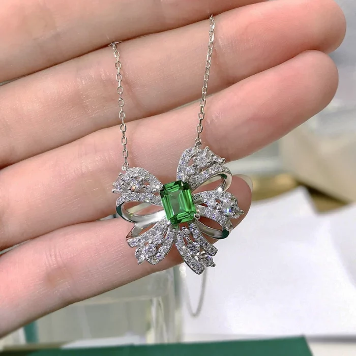 Halaile S925 Sterling Silver Lab-grown Emerald with Certificate Bowknot Pendant Necklace Fine Jewelry Neck Chain Gift for Women - Image 5