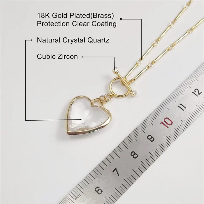 FUWO 1Pc Handcrafted Natural Clear Quartz Necklace,Golden OT Buckle Chain Heart-Shaped Semi-Precious Stone Women's Gift NC475-1 - Image 7