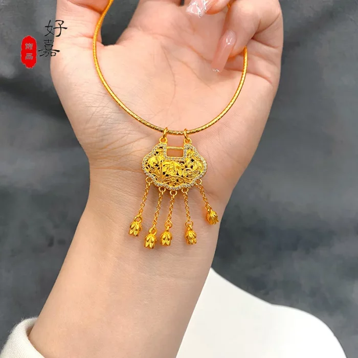 New women's necklace 9999 24K real gold versatile and sexy with diamond studded lily of the valley collarbone chain party jewelr - Image 3