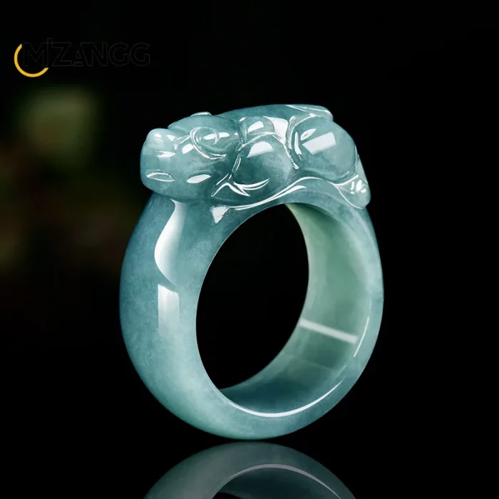 Genuine Natural A-goods Jadeite Blue Water PiXiu Ring Luxury Fashion Charm Men and Women Holiday Gift - Image 2