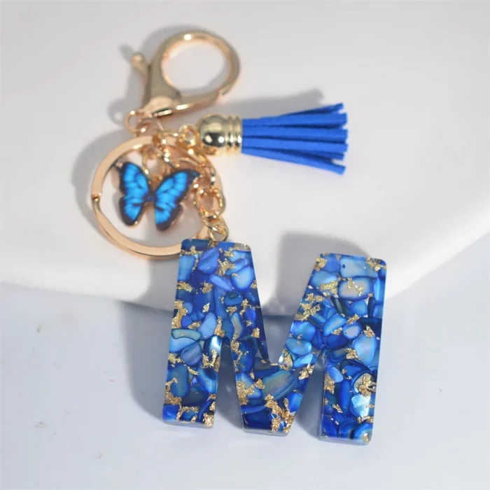 Fashion Blue Glazed Stone A To Z Letter Keychain 26 Initials Alphabet Butterfly Tassel Pendant Car Key Chain Women Jewelry GIfts - Image 3