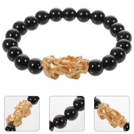 Elastic Black Obsidian Feng Shui Bracelet Adjustable Beaded Wealth Charm Bracelet for Men Women Lucky Amulet
