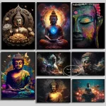Religious Colorful Buddha Poster Aesthetics Zen Meditation Buddhism Lotus Wall Art Mural Room Decor Canvas Painting Home Decor