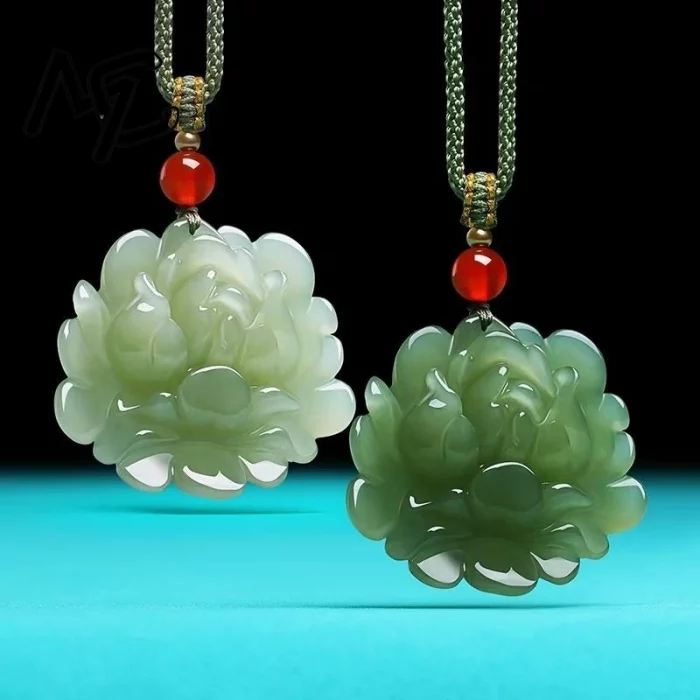New Hotan Jade Lotus Flower Pendant Charm Jadeite Green Stone Natural Emerald Necklace Gift Women Men Talismans Necklace Jewelry - Image 3