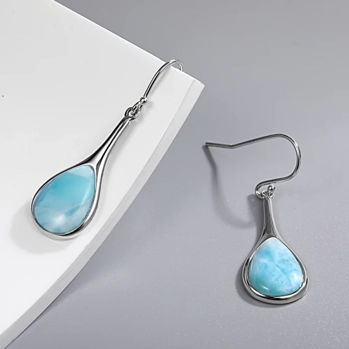 New Fashion Women Streamlined Long 925 Sterling Silver Jewelry Girl Natural Precious Larimar Earrings - Image 3