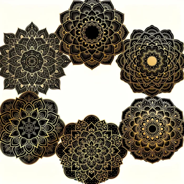 Set of 6 2D Black and Gold Mandala Theme Pattern Art Coasters Round Wooden Heat ResistantNon-SlipHomeDecorGiftMulti-Functional - Image 6