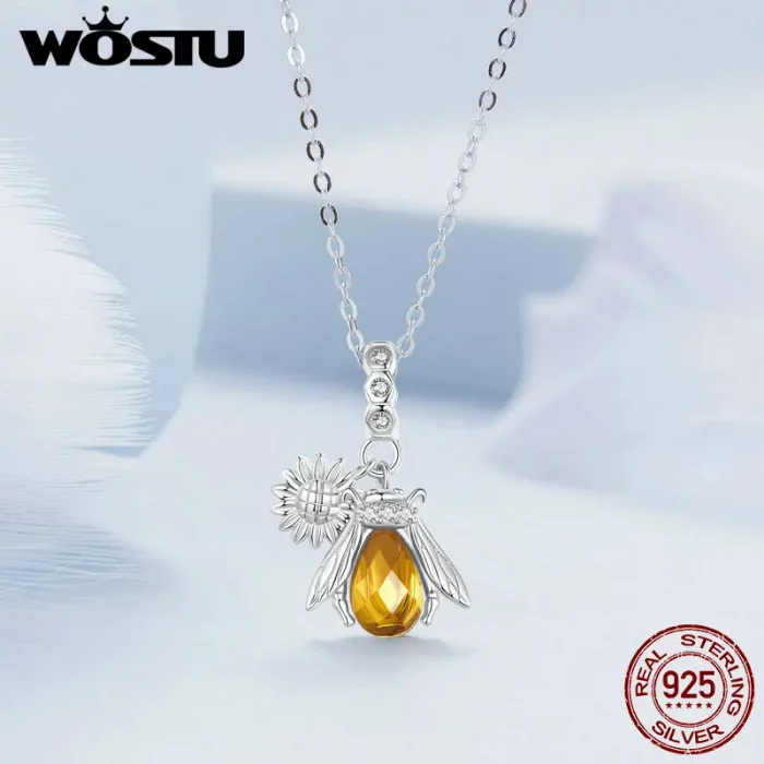WOSTU Real 925 Sterling Brazil Citrine Crystal Honeybee Daisy Pendant Necklace For Women Wedding Party Bridal Gift Wholesale - Image 5