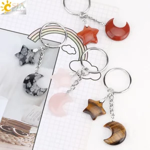 CSJA Healing Natural Stone Keychain Trendy Moon Star Charm Bead Pendant Silver Color Holder Key Ring Car Key Ring Bag Decor H368