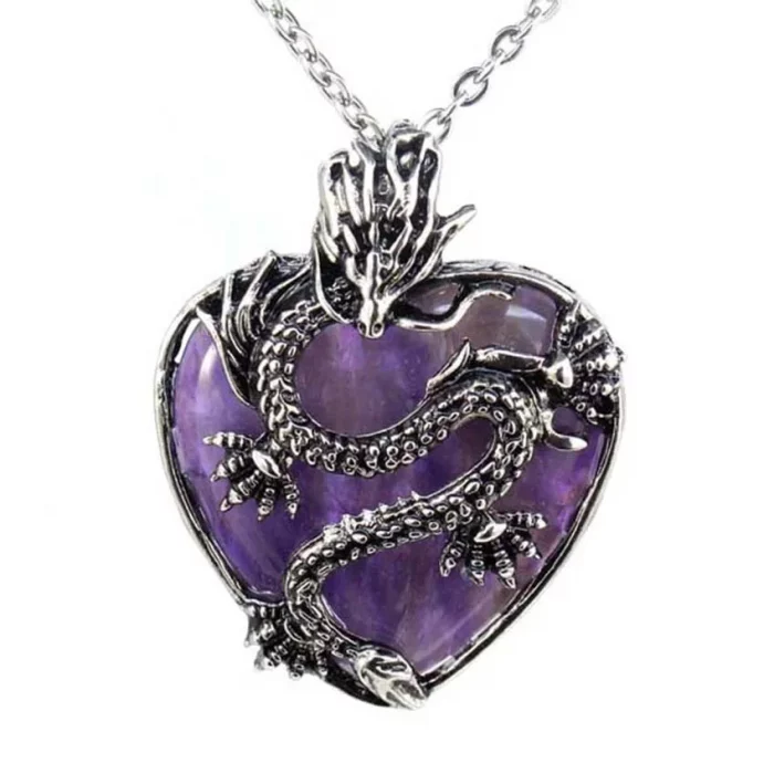 Vintage Animal Dragon Man Necklace Natural Stone Purple Crystal Heart Pendant for Women Amethysts Rose Pink Quartz Jewelry Gift - Image 2